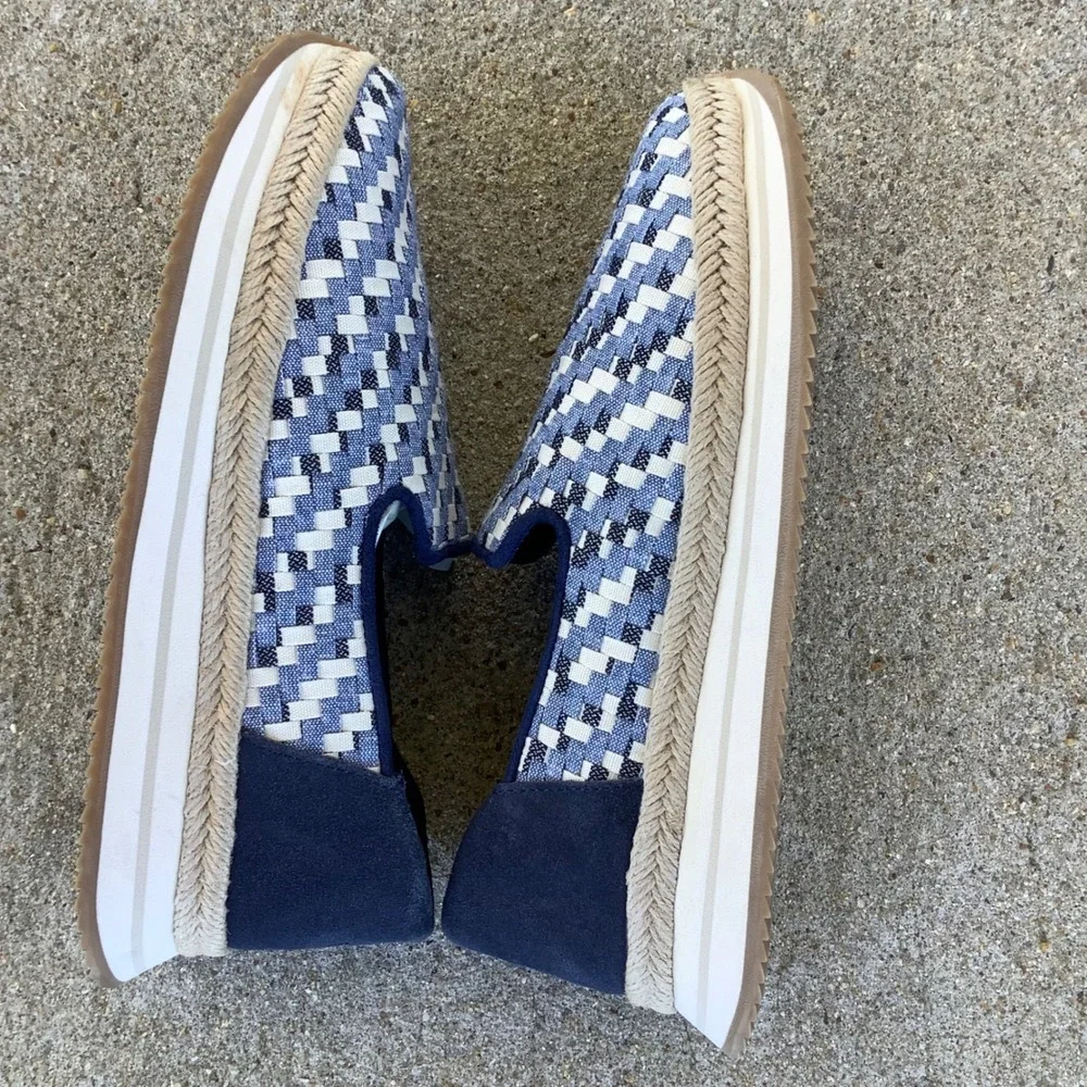 TOMS Alpargata Mallow Mule Espadrilles Blue White Woven Platform Shoes Women 8.5